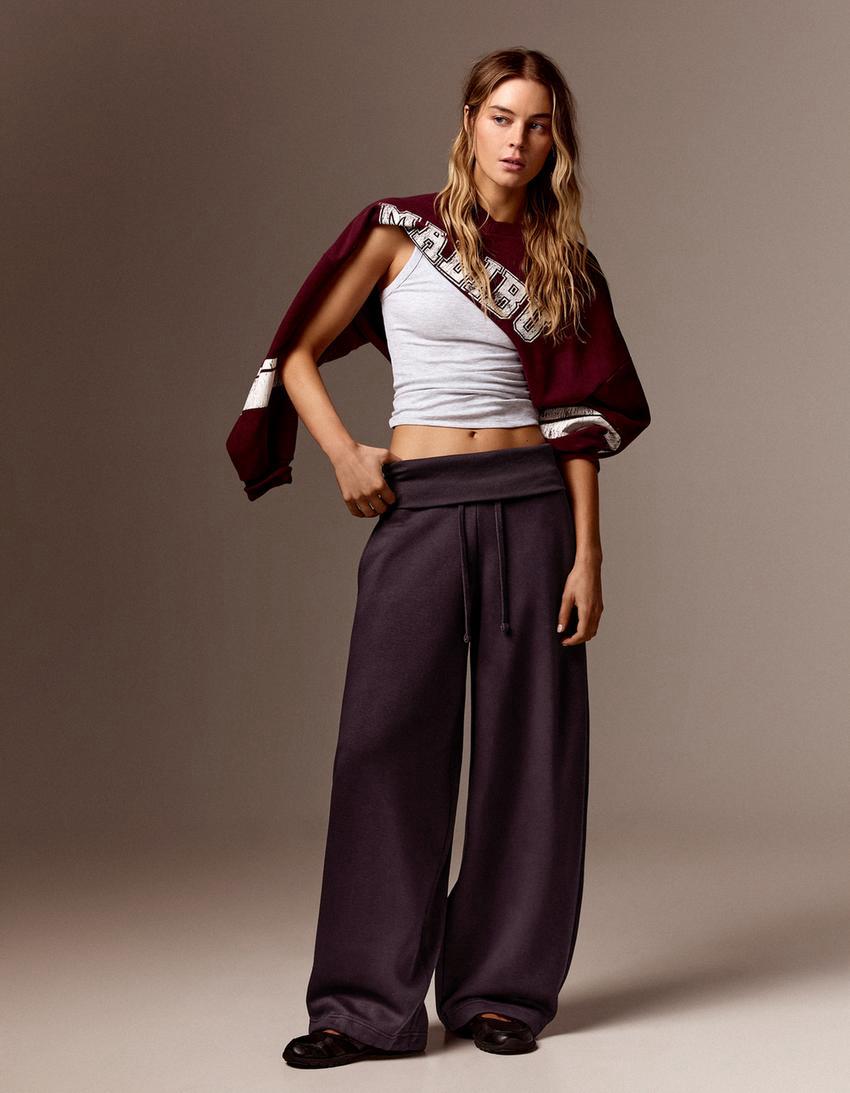 waist folded baggy pants in burgundy